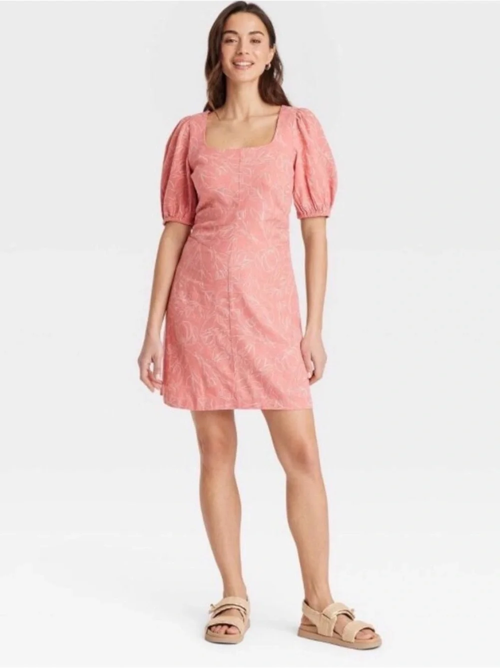 A New Day Womens Pink Floral Linen Blend Short Puff Sleeve Mini Sundress S 8 NWT - Picture 1 of 5